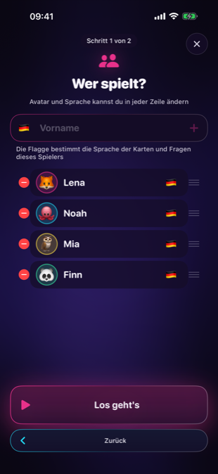 Der Spielerbildschirm: Namen, Avatare und Sprache pro Person