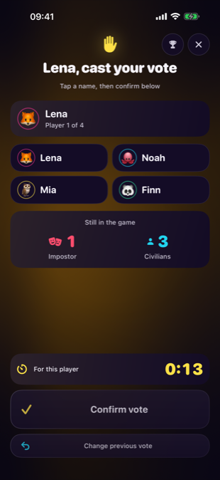 The named voting screen: Lena picks a player